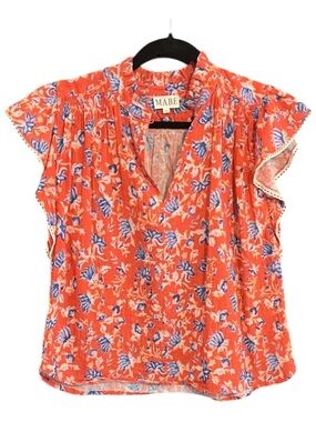 Coral Floral Split-Neck Flutter Sleeve Blouse